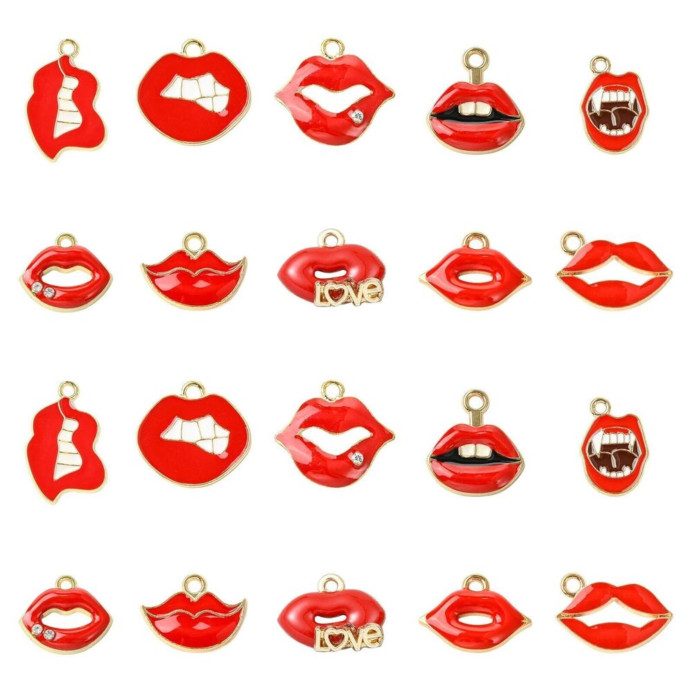 1407 50pcs 10 Styles Red Lip Enamel Charms Kiss Lip Metal Hanging Ornaments